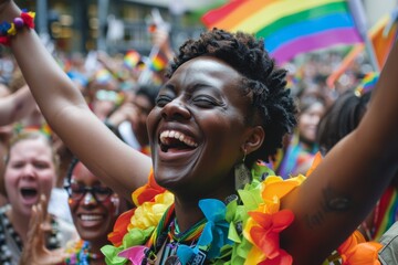 Obraz premium A woman is smiling and holding a rainbow flag. She is surrounded by a crowd of people, all of whom are smiling and enjoying the event. The atmosphere is lively and joyful