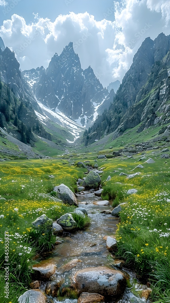 Sticker Majestic Alpine Landscape with Towering Peaks and Serene Mountain Stream