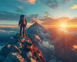 Triumphant Climber Conquers Majestic Mountain Peak at Sunrise