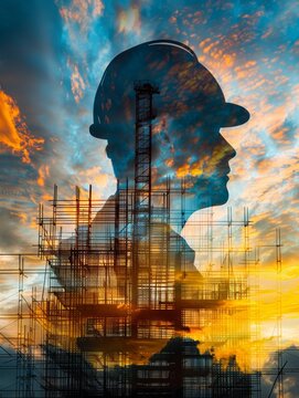 A silhouette of a man wearing a hard hat and a reflective vest is shown against a backdrop of a colorful sky. Concept of construction and industry, with the man's attire