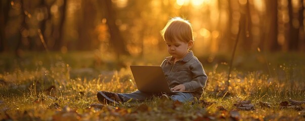 Toddler boy sitting in a sunlit meadow, using a laptop, surrounded by wildflowers and soft evening light
