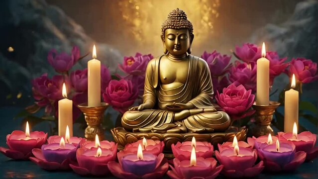 beautiful figure of golden Buddha, flowers