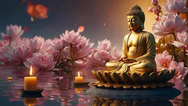 beautiful figure of golden Buddha, flowers
