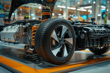 Fototapeta premium Detailed View of Electric Car Undercarriage Featuring Battery and Powertrain Components