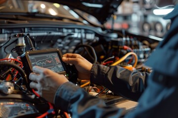 Mechanic Analyzing Car Ignition System with Digital Oscilloscope for Detailed Waveform Analysis