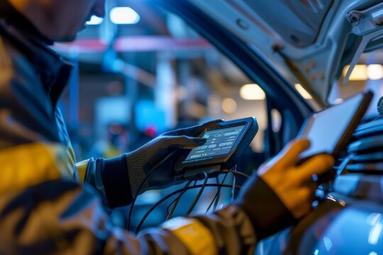 Mechanic Diagnosing Vehicle Issues with Handheld Scanner in a Modern Garage Setting