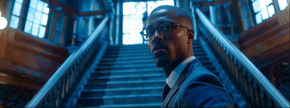 African-American man in his late thirties, wearing glasses and a goatee, walks up the stairs of an office building towards the camera. 
