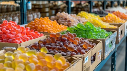 Jelly fruit snacks in various flavors, packed crates ready for shipment, colorful and inviting arrangement, organized in a clean warehouse