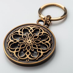 A gold key chain with a flower design