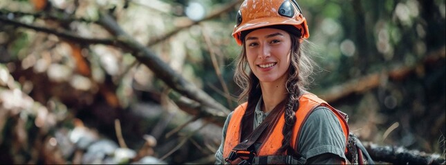 A smiling female arborist or logger in the forest, wearing orange vest and helmet, fallen tree branches around her. Logger, wearing ear protection and safety gear, processing timber on a logging site