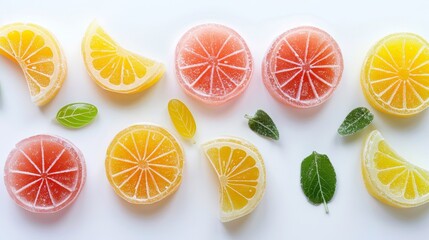 Obraz premium Lemon-shaped jelly fruit snacks in various flavors, captured from above, isolated on a white background with studio lighting for advertising