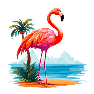 recommend clip art: Paradise pink flamingo on an island with a palm tree. Tropical bird, colorful summer illustration. Rest and vacation concept