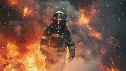 Brave firefighter battling fierce blaze in full gear, flames and smoke surrounding, heroically saving lives