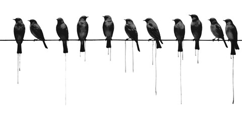 PNG Impression flock of birds on wire animal wall red.