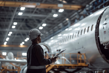 Engineer in hard hat and safety vest inspect a large passenger plane in a hangar. Generative AI.