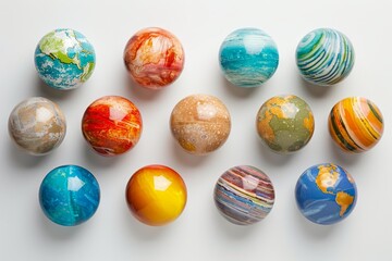A row of colorful balls, each one representing a planet in the solar system