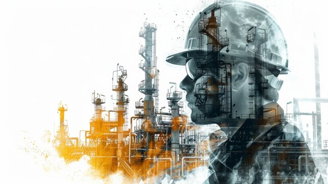 A man in a hard hat stands in front of a large industrial plant. Concept of industry and hard work, as the man is likely a worker in the plant
