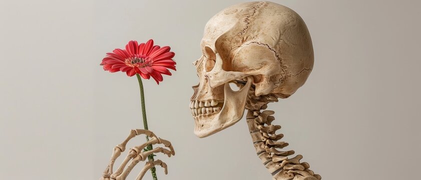 A skeleton holding a red flower