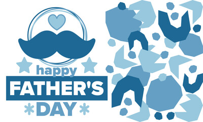 Happy Father’s Day. Honoring dads. Lovely celebration in June. Sweetest family holiday. Party event. Mustache and heart. Blue color. Creative art poster. Vector design 