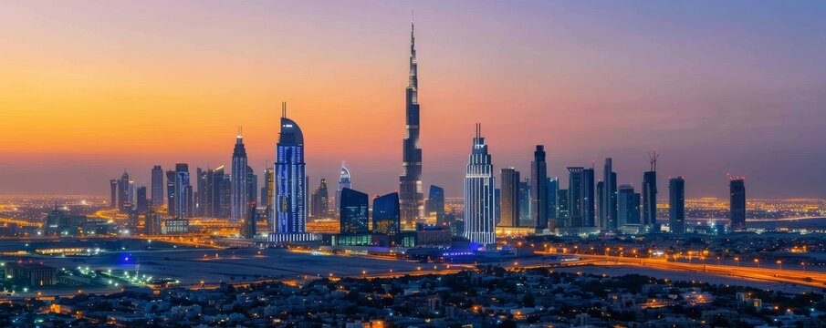 A city skyline at dusk with the Burj Khalifa in the background. The city is lit up with lights, creating a warm and inviting atmosphere