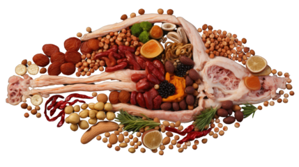 Photograph of a human digestive system made out of whole grains and beans, with a clear background