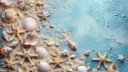 Seashells and starfish scattered on a sandy beach, capturing the essence of coastal beauty and summer vibes.
