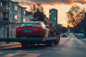 Tow Truck Loading a Damaged Car for Transport to Service Center - Automotive Assistance and Roadside Aid