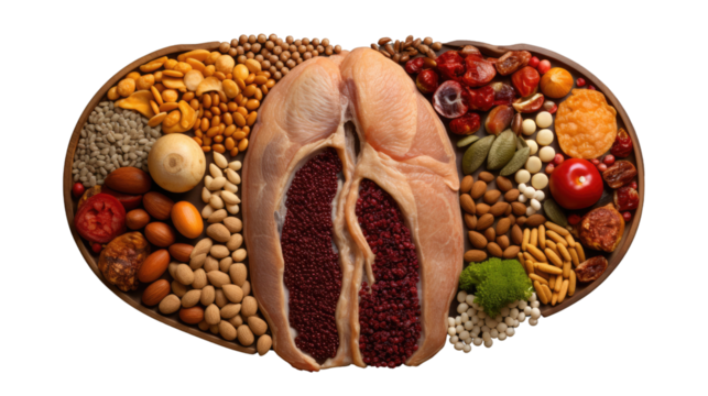 Photograph of a human digestive system made out of whole grains and beans, with a clear background