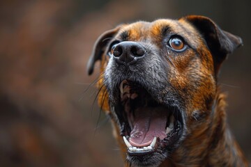 Vivid portrait of an expressive dog with its head angled, showing teeth and an open mouth