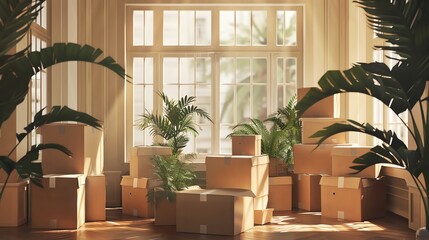 Elegant empty room with moving boxes and plants