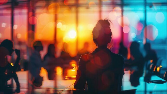 Silhouette of a person in a vibrant, modern office space with colorful lighting and blurred background, symbolizing creativity and collaboration.