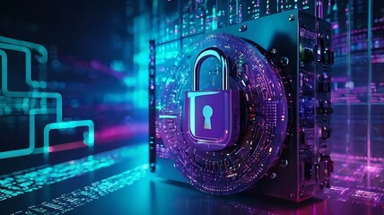 Secure internet connection, cybersecurity concept digital design, unique illustration related to technology, cyberspace and computer in purple & 
 blue theme