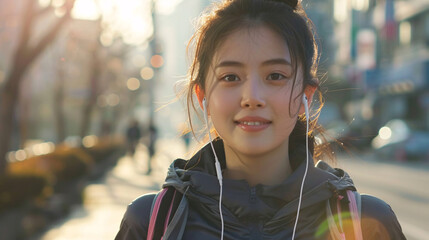 Chinese woman in running clothes, jogging on a city street, wearing earphones and smiling