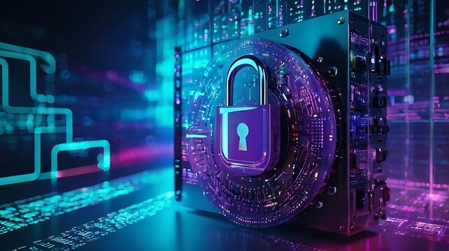 Secure internet connection, cybersecurity concept digital design, unique illustration related to technology, cyberspace and computer in purple & 
 blue theme