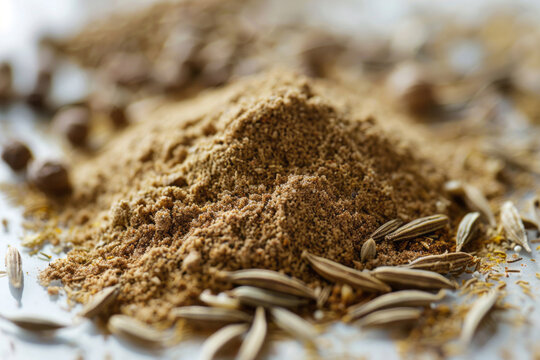 Ground cumin seeds, referred to as jubilee powder, on a white backdrop.