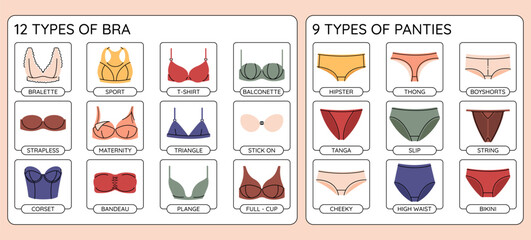 Types of colorful womans underwear infographics. Vector bra and pants collection.