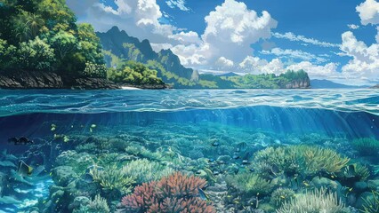 Animation Scenic Underwater and Coastal Landscape with Mountains generated with ai 