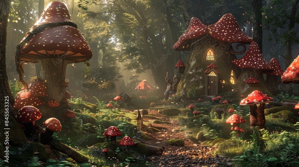 Wall mural Whimsical Woodland Wonderland with Oversized Mushrooms and Magical Creatures