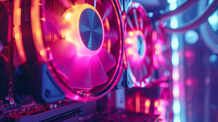 Obraz premium Internal view of a lit gaming PC setup.