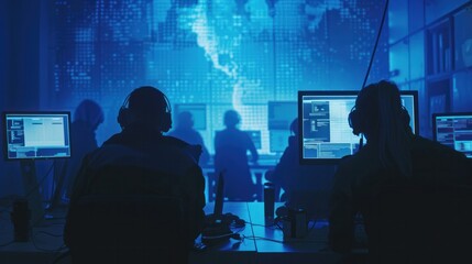 Cybersecurity Operations background, Security teams coordinating response efforts during a cyber attack.