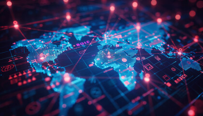 Obraz premium digital world map with interconnected lines and dots representing a global network