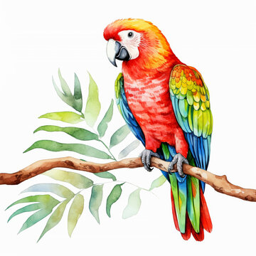 recommend clip art: A beautiful watercolor clipart, a scarlet macaw perched on a branch against a white background, beautifully rendered in watercolor clipart