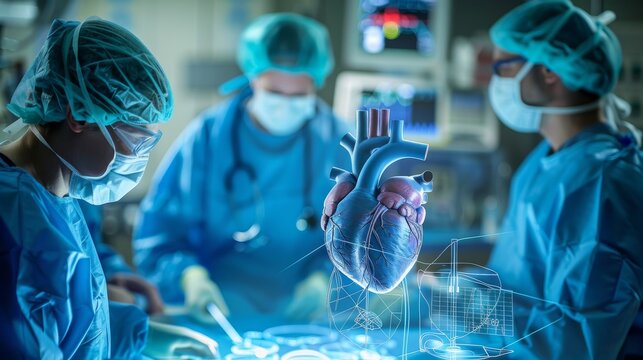 A group of surgeons are performing a heart surgery. The image is a combination of real and digital elements, giving the impression of a futuristic medical procedure. Scene is serious and focused