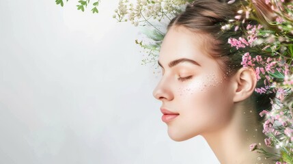 A woman with a flowery headdress is looking at the camera. Concept of beauty and serenity