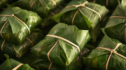 Fresh banana leaves enveloping food for authentic culinary traditions.