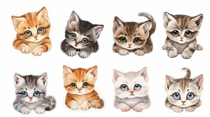 Fototapeta premium Watercolor collection of cute kittens with big eyes on a white background.