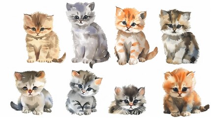 Watercolor collection of cute kittens with big eyes on a white background.