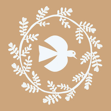 Flower hearts with quaint bird design on beige. Hand drawn illustration