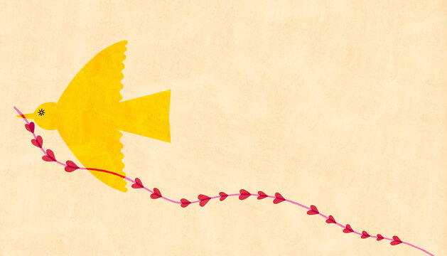 Background with flying bird and heart ribbon