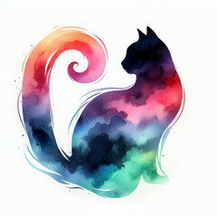 watercolor painting of abstract cat sitting, looking back, with swirl pattern and bright colors, gradient paints